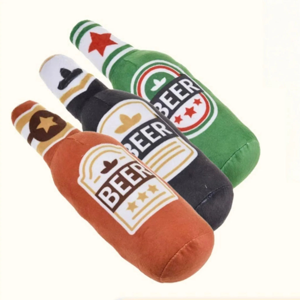 Jouet bouteille de bière couinante pour chien