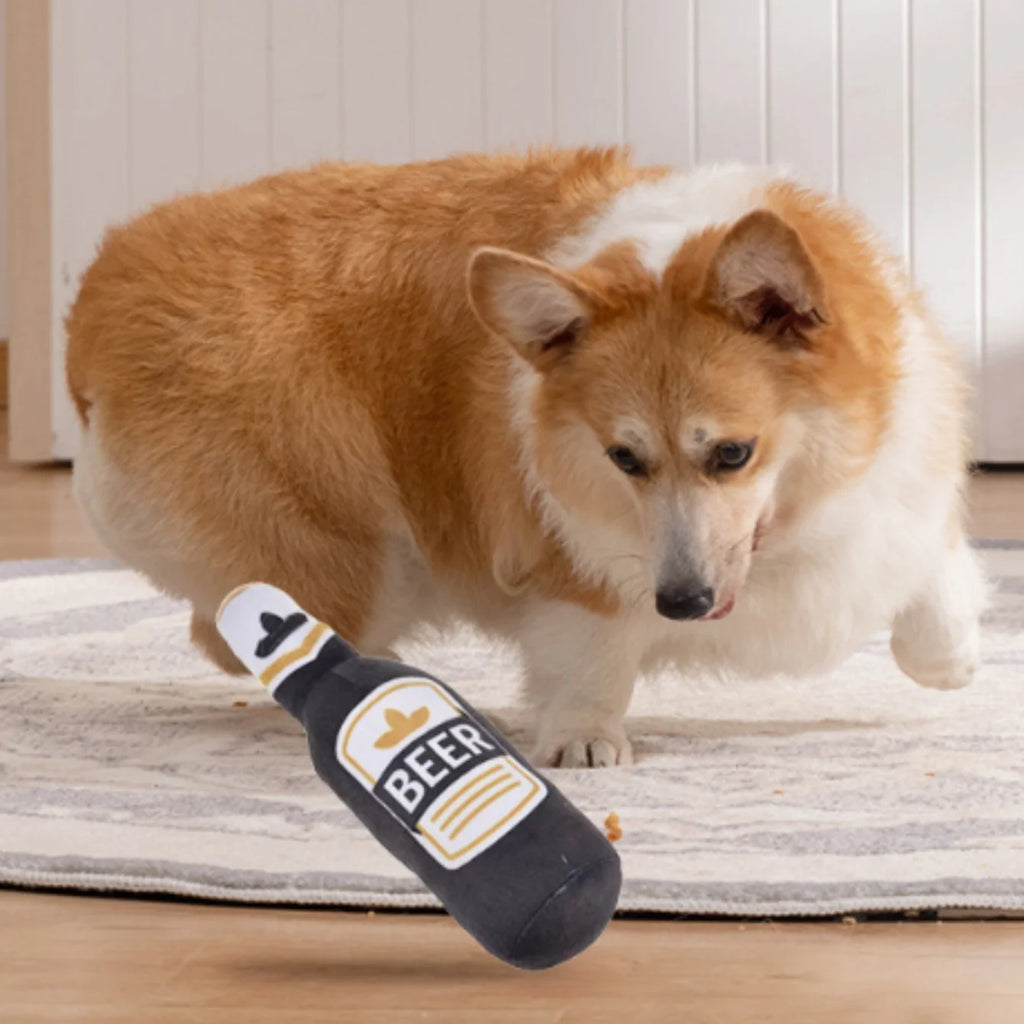 Jouet bouteille de bière couinante pour chien