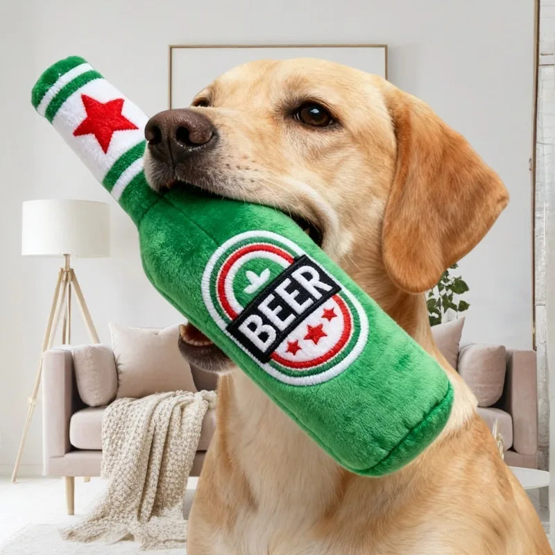 Jouet bouteille de bière couinante pour chien